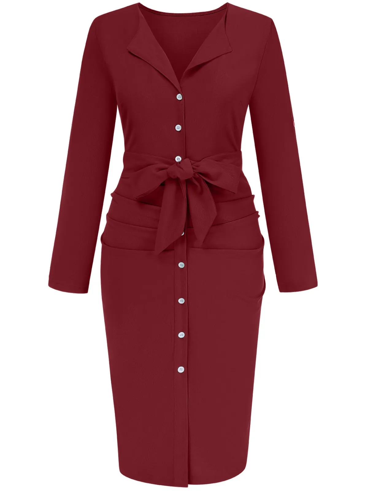 Sale Retro Stage 1960s Solid V-Neck Pleated Button Dress