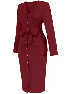 Sale Retro Stage 1960s Solid V-Neck Pleated Button Dress