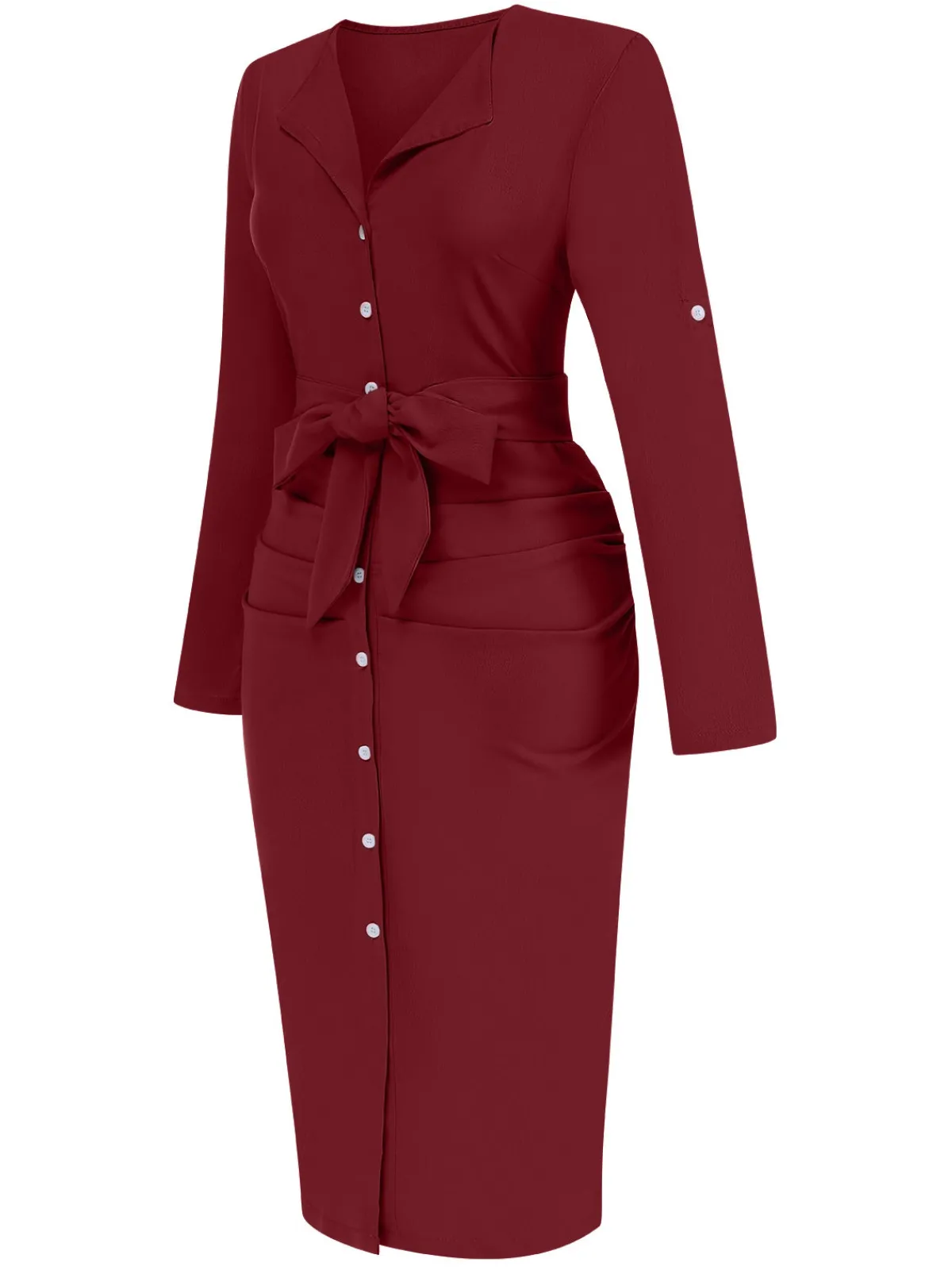 Sale Retro Stage 1960s Solid V-Neck Pleated Button Dress