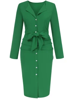 Sale Retro Stage 1960s Solid V-Neck Pleated Button Dress