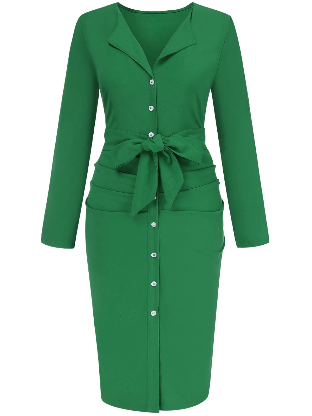 Sale Retro Stage 1960s Solid V-Neck Pleated Button Dress