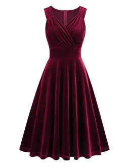 Discount Retro Stage 1950s Solid V-Neck Pleated Velvet Dress