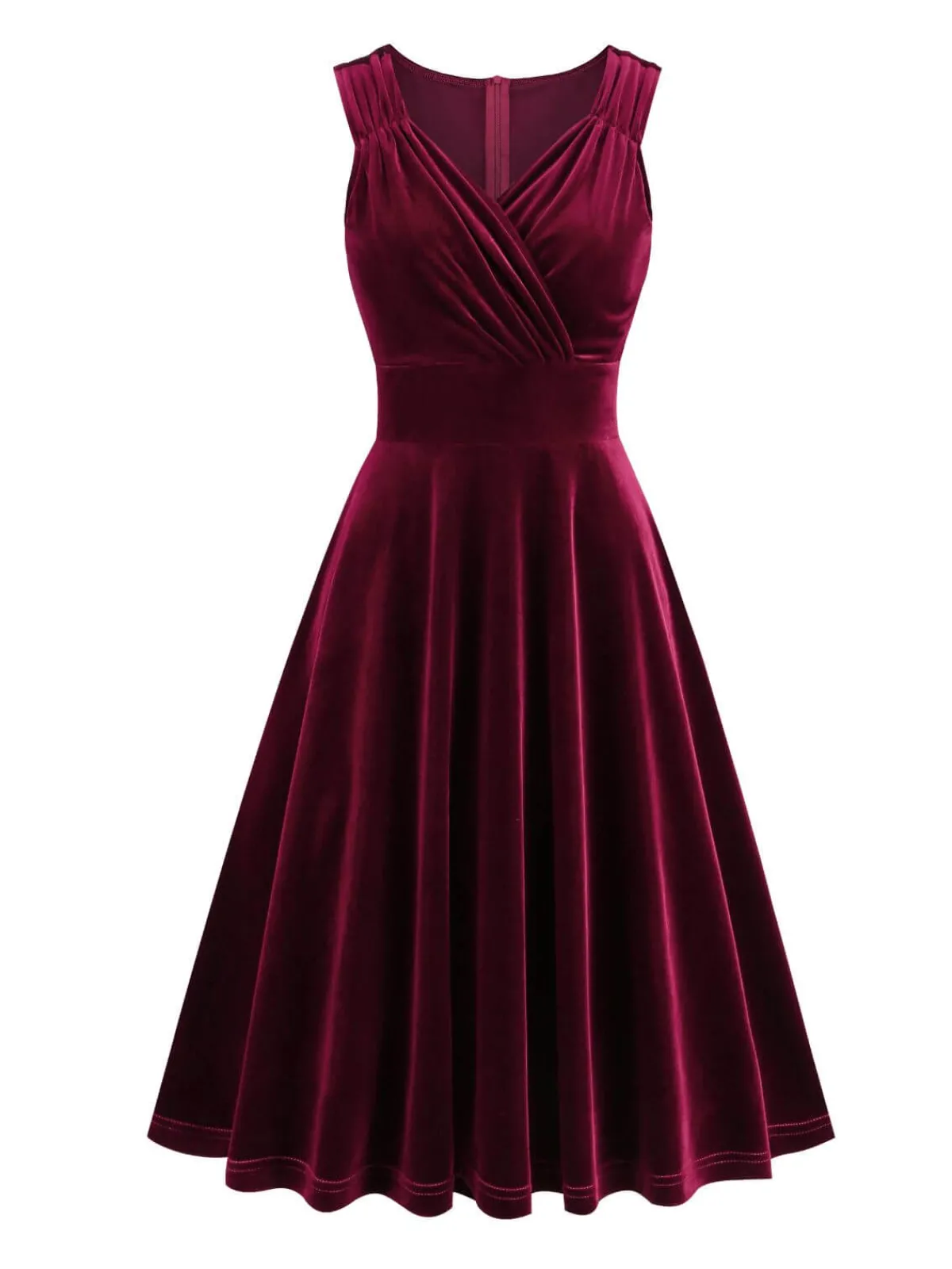 Discount Retro Stage 1950s Solid V-Neck Pleated Velvet Dress