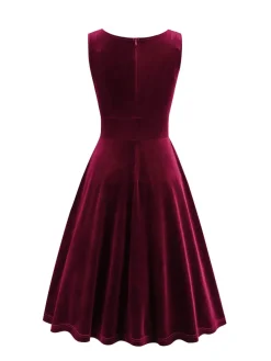 Discount Retro Stage 1950s Solid V-Neck Pleated Velvet Dress