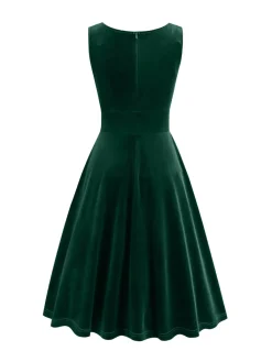 Discount Retro Stage 1950s Solid V-Neck Pleated Velvet Dress