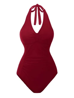 Online Retro Stage 1950s Solid V-Neck Ruched Halter One-Piece Swimsuit