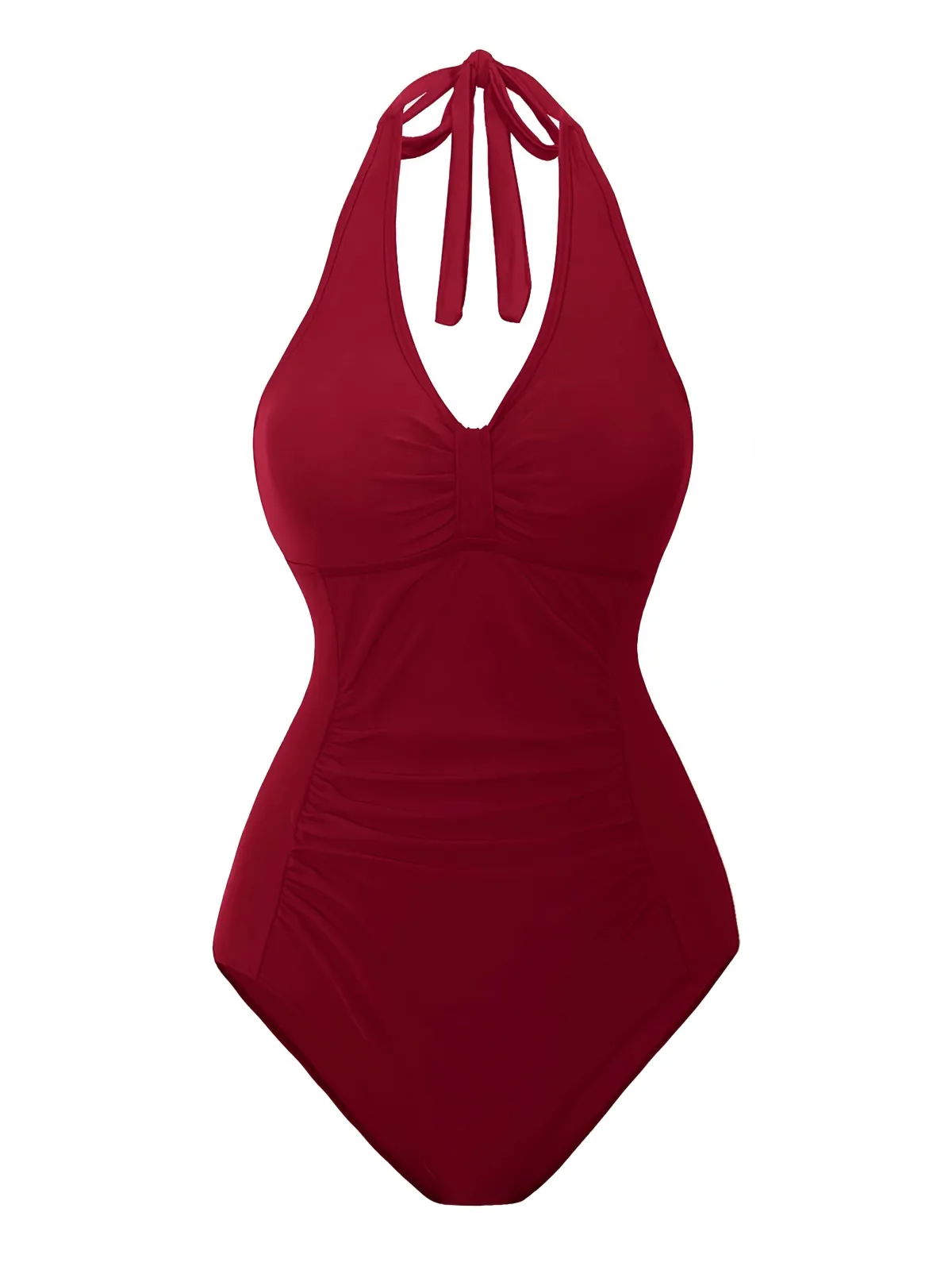 Online Retro Stage 1950s Solid V-Neck Ruched Halter One-Piece Swimsuit