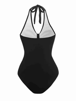 Online Retro Stage 1950s Solid V-Neck Ruched Halter One-Piece Swimsuit