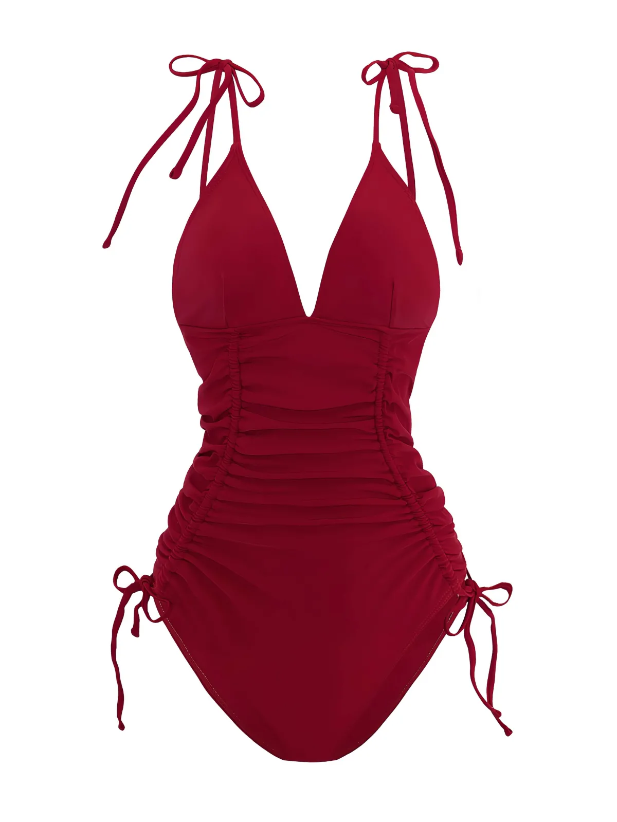 Online Retro Stage 1950s Solid V-Neck Ruched One-Piece Swimsuit