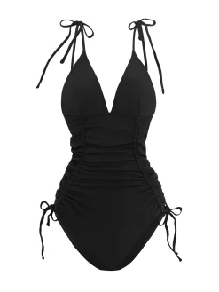 Online Retro Stage 1950s Solid V-Neck Ruched One-Piece Swimsuit