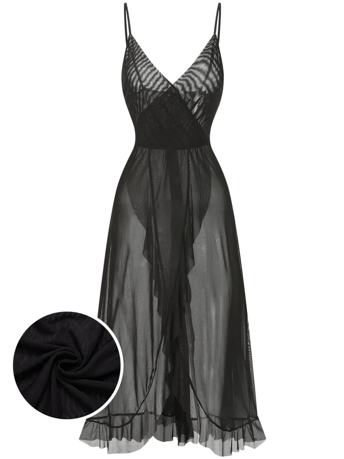 Discount Retro Stage 1930s Solid V-Neck Ruffle Sheer Nightgown