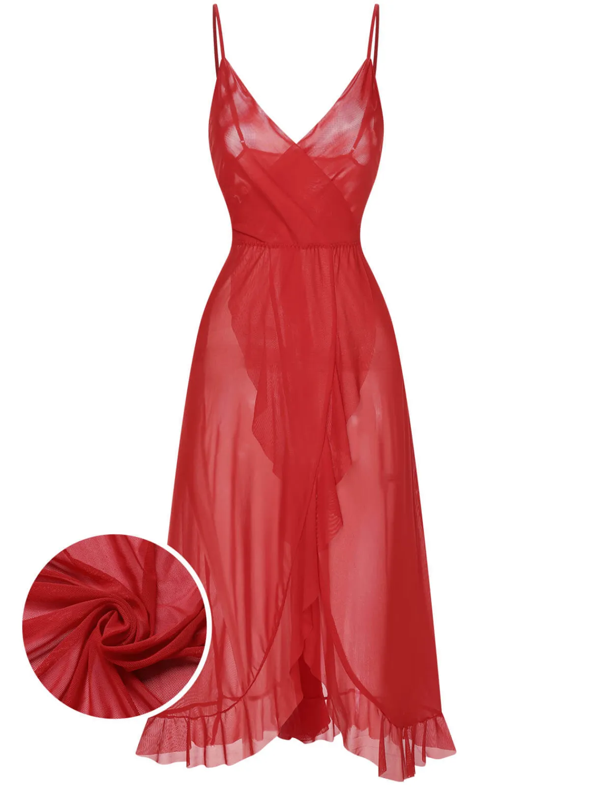 Discount Retro Stage 1930s Solid V-Neck Ruffle Sheer Nightgown