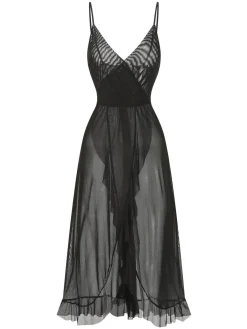 Discount Retro Stage 1930s Solid V-Neck Ruffle Sheer Nightgown