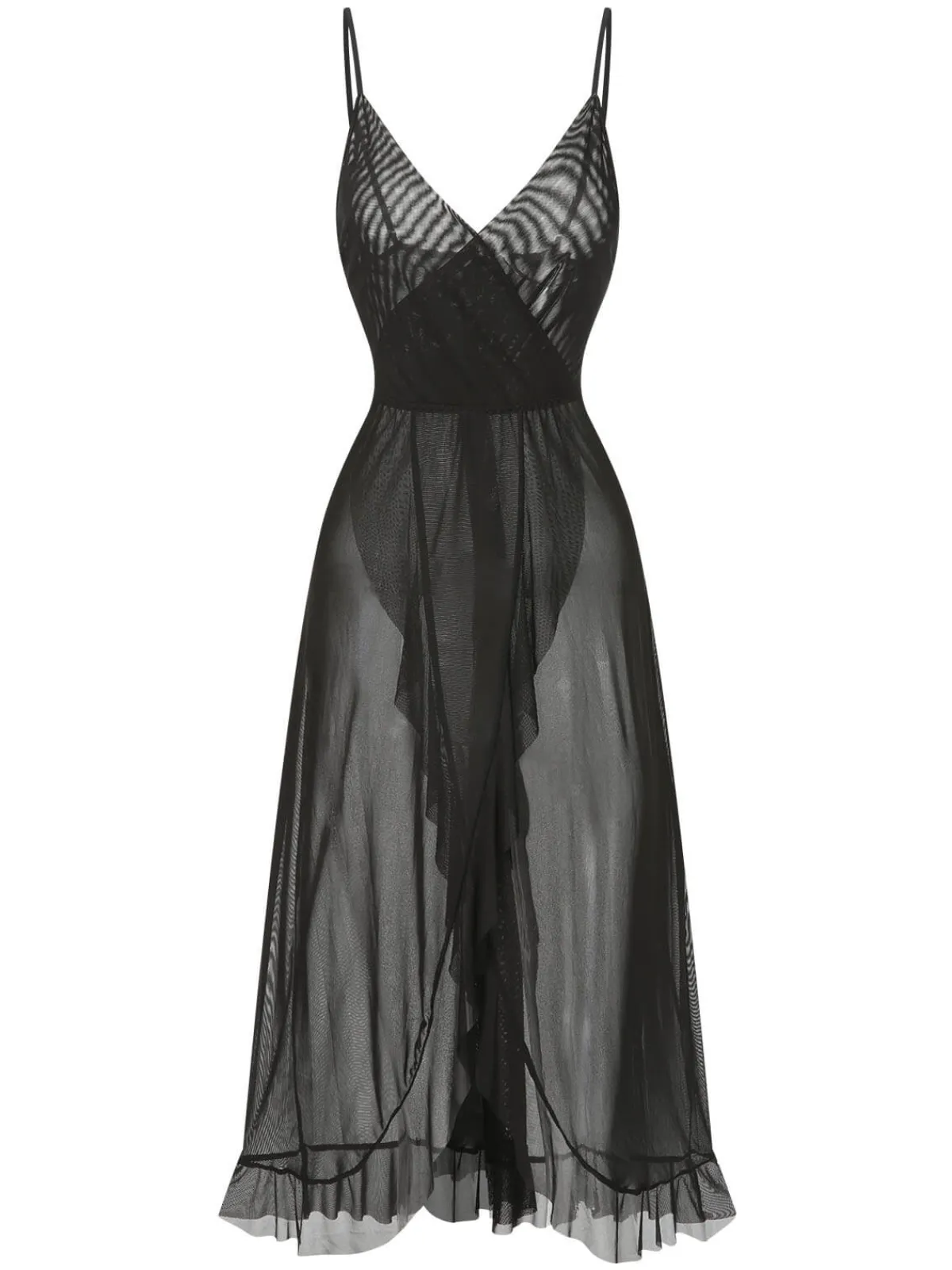Discount Retro Stage 1930s Solid V-Neck Ruffle Sheer Nightgown
