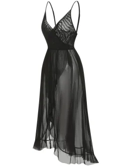 Discount Retro Stage 1930s Solid V-Neck Ruffle Sheer Nightgown
