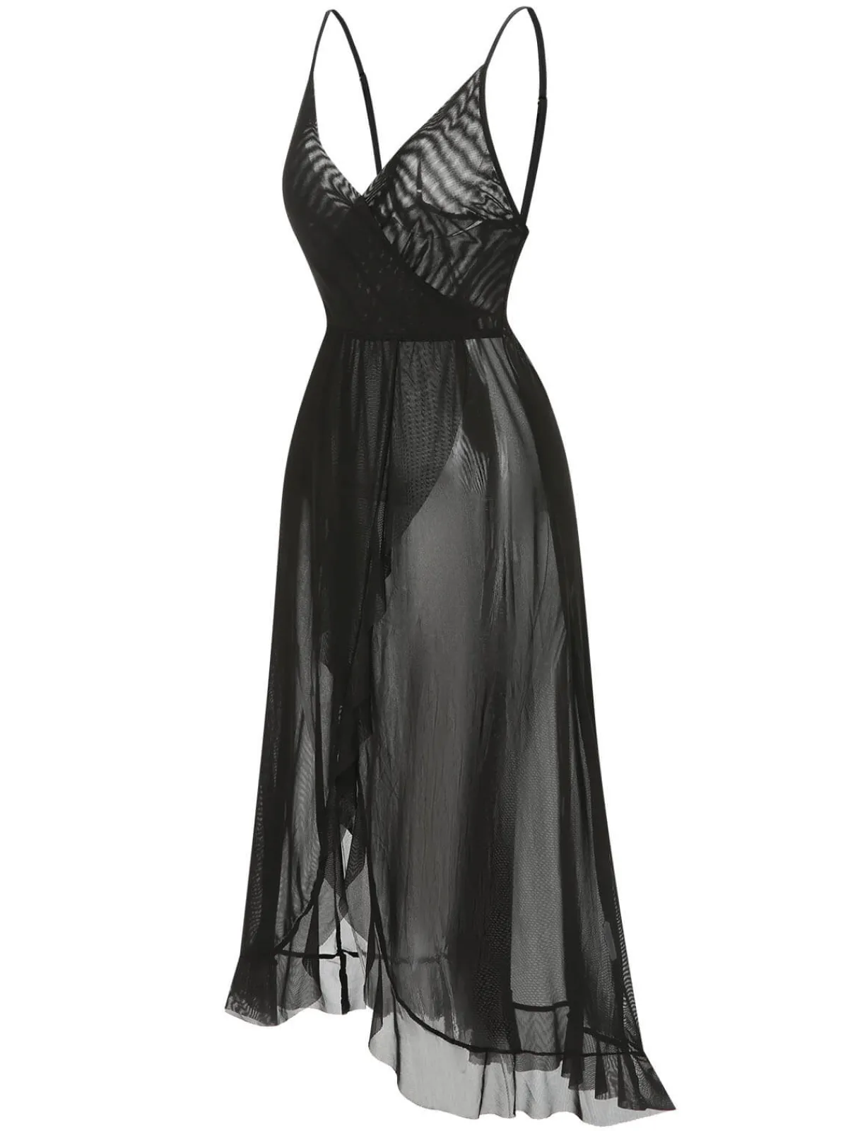 Discount Retro Stage 1930s Solid V-Neck Ruffle Sheer Nightgown