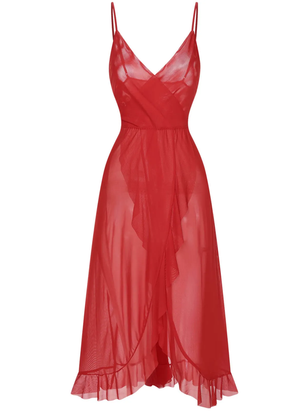 Discount Retro Stage 1930s Solid V-Neck Ruffle Sheer Nightgown