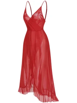 Discount Retro Stage 1930s Solid V-Neck Ruffle Sheer Nightgown