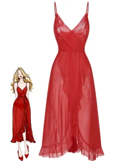 New Retro Stage 1930s Solid V-Neck Ruffle Sheer Nightgown