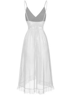 New Retro Stage 1930s Solid V-Neck Ruffle Sheer Nightgown