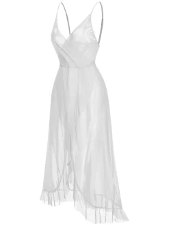 New Retro Stage 1930s Solid V-Neck Ruffle Sheer Nightgown