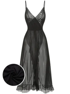 New Retro Stage 1930s Solid V-Neck Ruffle Sheer Nightgown