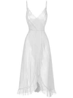 Discount Retro Stage 1930s Solid V-Neck Ruffle Sheer Nightgown