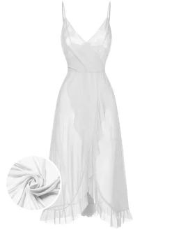 Discount Retro Stage 1930s Solid V-Neck Ruffle Sheer Nightgown