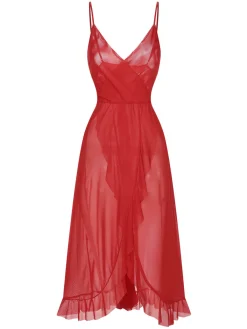 Discount Retro Stage 1930s Solid V-Neck Ruffle Sheer Nightgown