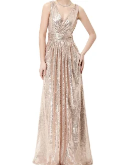 Hot Retro Stage 1930s Solid V-neck Sequins Maxi Dress