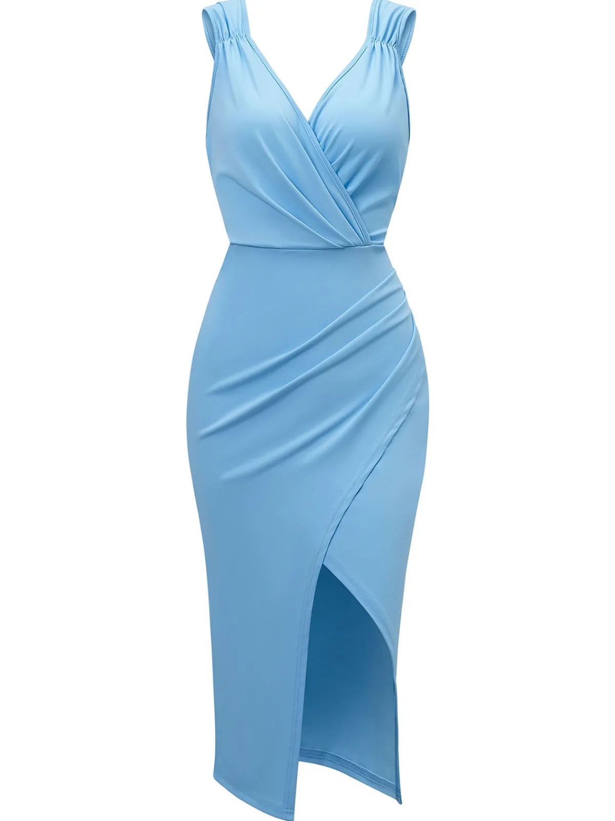 Fashion Retro Stage 1960s Solid V-Neck Side Slit Bodycon Dress