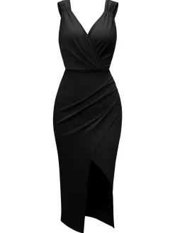 Fashion Retro Stage 1960s Solid V-Neck Side Slit Bodycon Dress