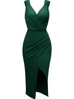 Fashion Retro Stage 1960s Solid V-Neck Side Slit Bodycon Dress