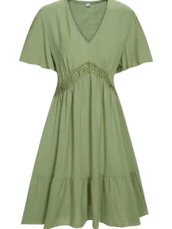 Fashion Retro Stage 1970s Solid V-Neck Splicing Lace Flare Dress