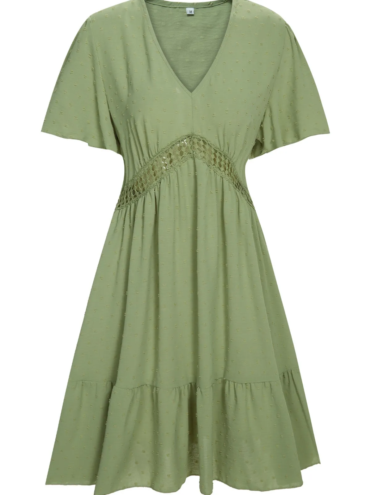 Fashion Retro Stage 1970s Solid V-Neck Splicing Lace Flare Dress