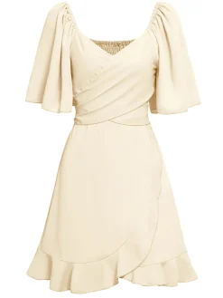 Fashion Retro Stage 1930s Solid V-Neck Waist Ruffle Dress