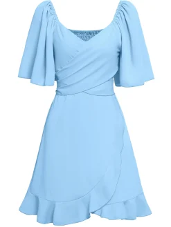 Fashion Retro Stage 1930s Solid V-Neck Waist Ruffle Dress