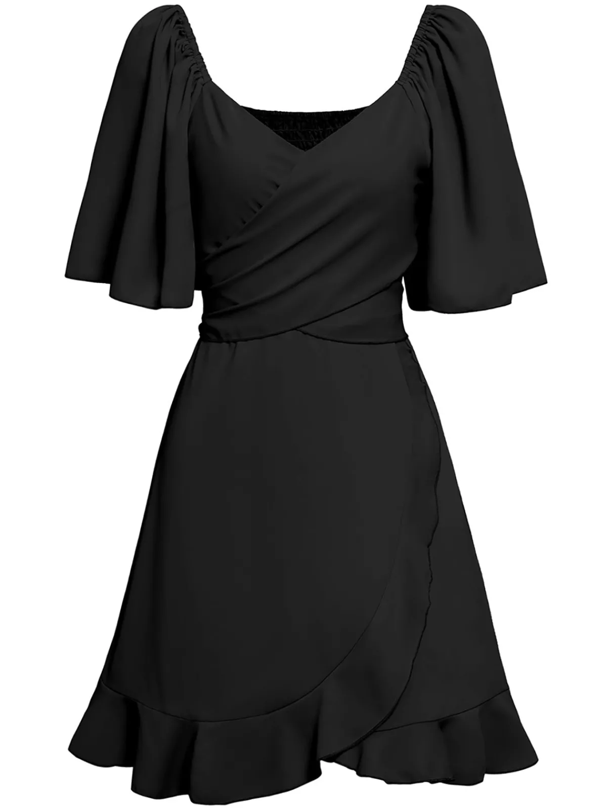 Fashion Retro Stage 1930s Solid V-Neck Waist Ruffle Dress