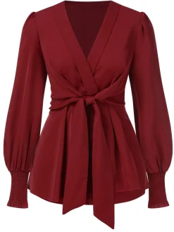 Outlet Retro Stage 1940s Solid V-Neck Waist Tie Blouse