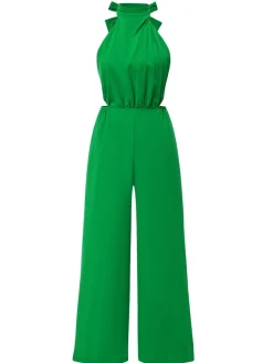 Fashion Retro Stage 1940s Solid Waist Cutout Halter Wide-Leg Jumpsuit