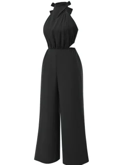 Fashion Retro Stage 1940s Solid Waist Cutout Halter Wide-Leg Jumpsuit