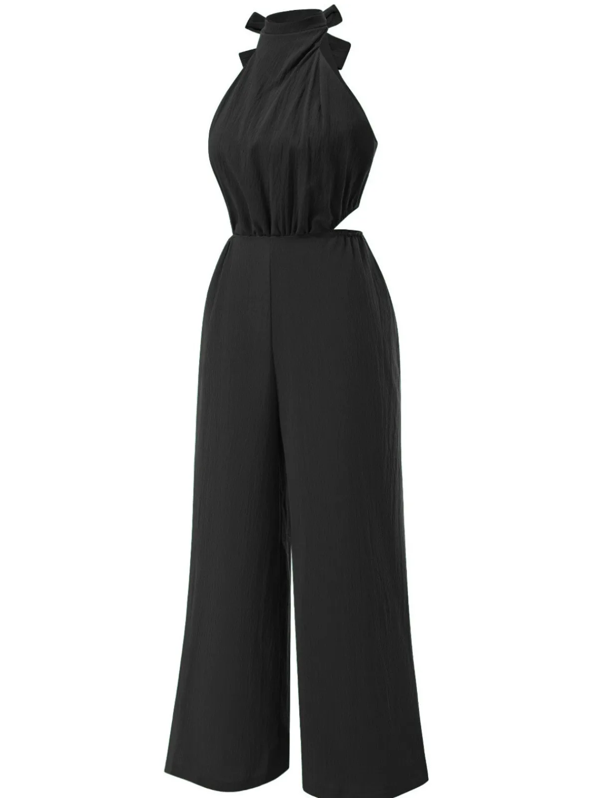 Fashion Retro Stage 1940s Solid Waist Cutout Halter Wide-Leg Jumpsuit