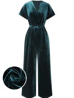 Best Retro Stage 1940s Solid Waist Tie V-Neck Velvet Jumpsuit