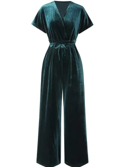 Best Retro Stage 1940s Solid Waist Tie V-Neck Velvet Jumpsuit