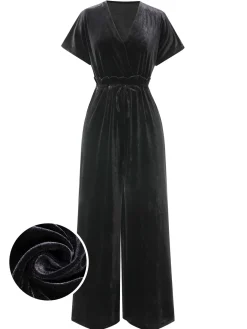Best Retro Stage 1940s Solid Waist Tie V-Neck Velvet Jumpsuit
