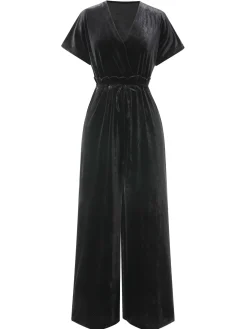 Best Retro Stage 1940s Solid Waist Tie V-Neck Velvet Jumpsuit
