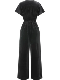 Best Retro Stage 1940s Solid Waist Tie V-Neck Velvet Jumpsuit