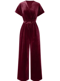 Best Retro Stage 1940s Solid Waist Tie V-Neck Velvet Jumpsuit