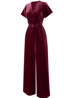 Best Retro Stage 1940s Solid Waist Tie V-Neck Velvet Jumpsuit