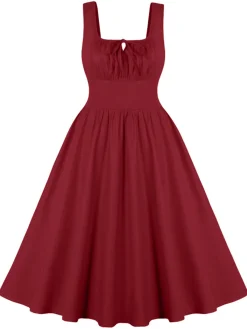 Online Retro Stage 1950s Solid Wide Strap Dress